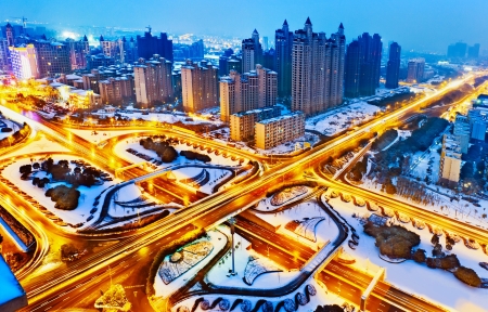 Aerial view of city night in the winterの写真素材