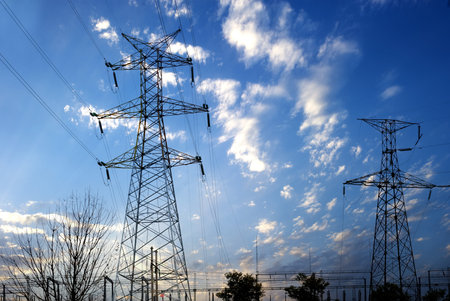 high voltage post.High-voltage tower sky background.