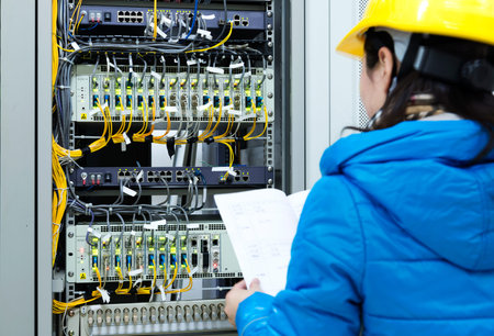 woman checking  network cables