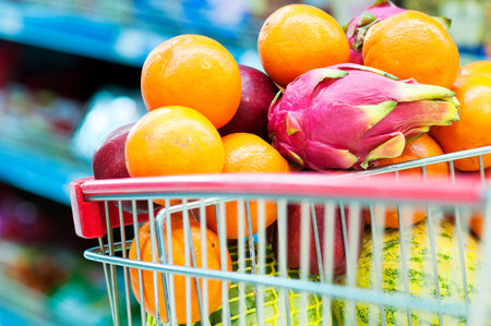 supermarket cart,fruits in the cartの写真素材