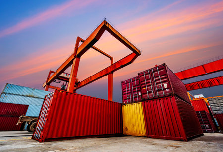 industrial port with containersの写真素材