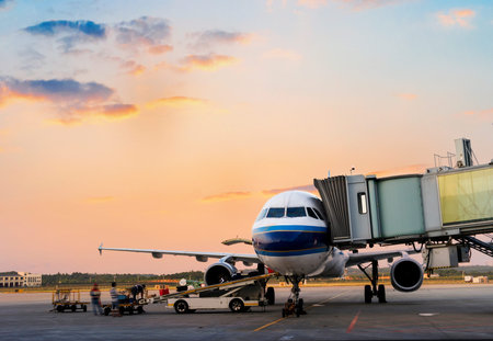 Airplane near the terminal in an airport at the sunset