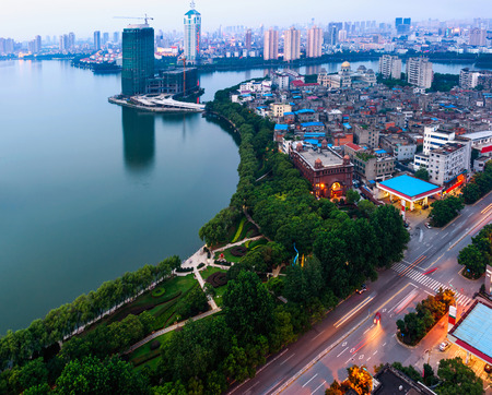 Aerial view of city nightの写真素材