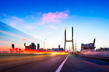 City at dusk, aerial view of the bridge.の写真素材
