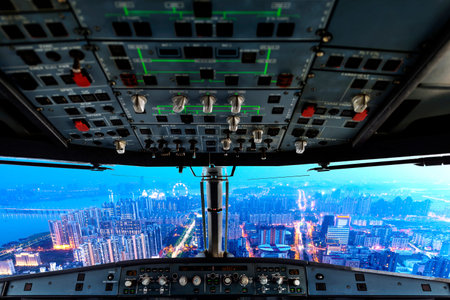 plane cockpit and city of nightの写真素材