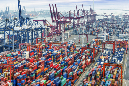 industrial port with containersの写真素材