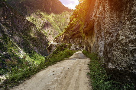 driving on the unfinished  road to Tibetの写真素材