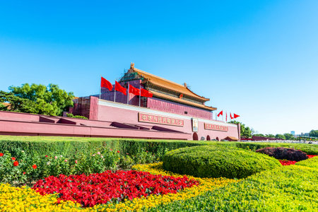 Beijing, China - September 22, 2018 : Tiananmen gate in Beijing, China. Chinese text on the red wall reads: Long live China and the unity of all peoples in the world.のeditorial素材