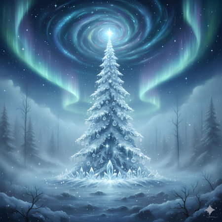Fir tree in winter forest with aurora borealis. Vector illustration.の素材
