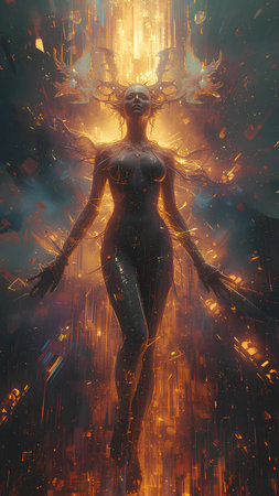 3D Illustration of a Fantasy Female Figure in a Fire Backgroundの素材