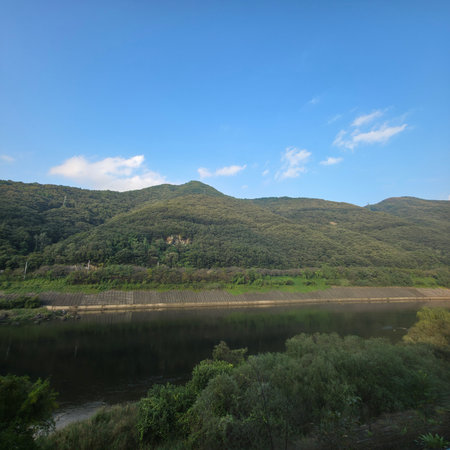 Landscape view of the river and mountains in the north of Chinaの写真素材