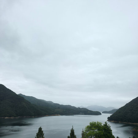 Mountains and lake in cloudy day, Taipei, Taiwan.の写真素材