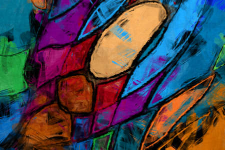 Chaos wall art. Artistic vibrant and colorful wallpaper. Chaotic painting. Brushed Painted Abstract Background. Brush stroked painting. Expressive brushed painting on canvas.の写真素材