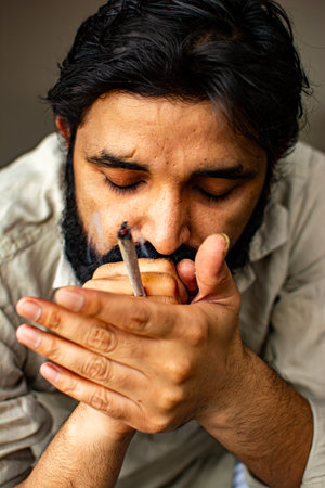 A bearded jobless Indian man wearing kurta pyjama smoking weed rolled in a paper. he is staring at...