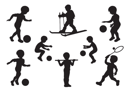 Silhouettes of children engaged in sports exercisesのイラスト素材