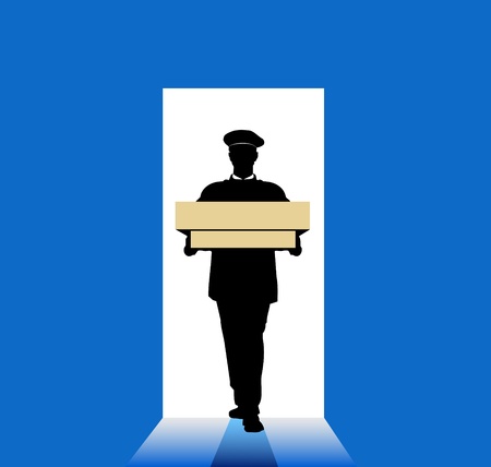 Delivery man with box in hands on blue background のイラスト素材