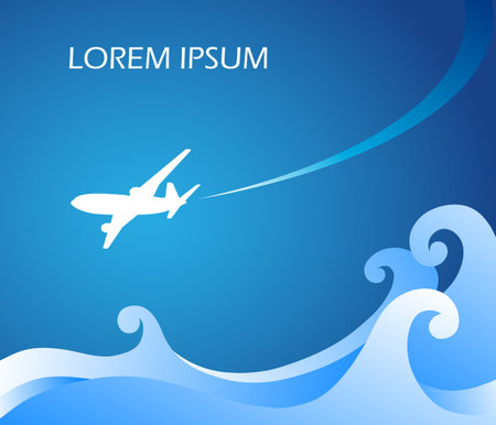 Airplane flying above the sea wave, vector illustration, tourism conceptのイラスト素材