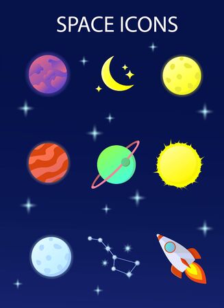 A set of colorful images of planets and other space objects. Vector illustration.のイラスト素材