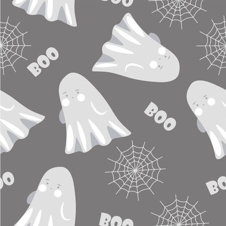 Halloween seamless pattern with cute ghost and spider web. Vector illustration.のイラスト素材