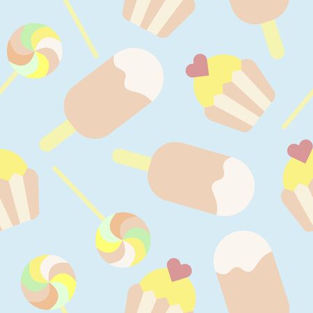 Cute seamless pattern in delicate colors with ice cream, cupcake and Lollipop. Vector illustration.のイラスト素材
