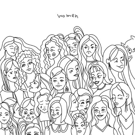 Background with women's faces. Doodle art.のイラスト素材
