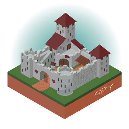 Medieval castle with towers and gates in an isometric projection. Vector illustration.のイラスト素材