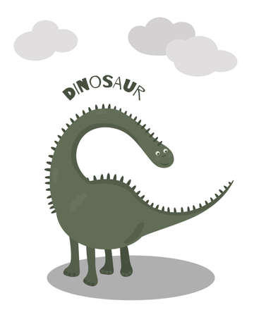 Postcard with cute green dinosaur - brontosaurus. Vector illustration.のイラスト素材