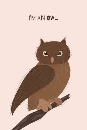 Postcard with an owl in a hand-drawn style. Vector illustration.のイラスト素材