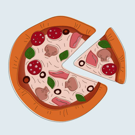 Pizza with a slice in a hand-drawn style. Pizza with ham, mushrooms, pepperoni, olives.のイラスト素材