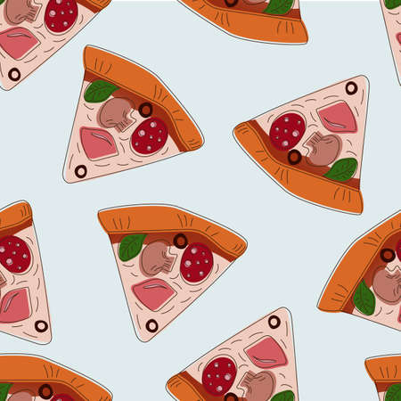 Pattern with slices of pizza in a hand-drawn style on a bare background. Pizza with ham, mushrooms, pepperoni, olives.のイラスト素材