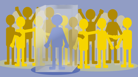 Autism: man in a glass box among happy peopleのイラスト素材