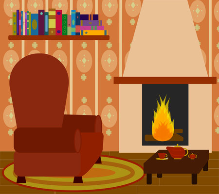 Traditional living room with a fireplaceのイラスト素材
