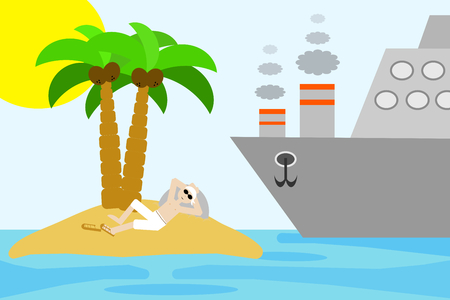 A man enjoys his solitude in a desert island while a big boat is comingのイラスト素材