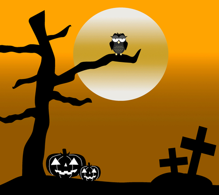 An owl on a treeâs branch, two pumpkins, some crosses and full moon. Orange background.の写真素材