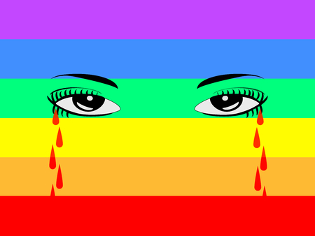 Eyes crying bloody tears with rainbow flag in the backgroundの写真素材