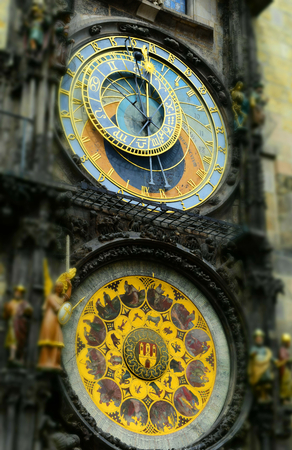 Prague astronomical clock in the Old Town Square, in Prague in Czech Republic. Tilt-shift effect applied.の写真素材
