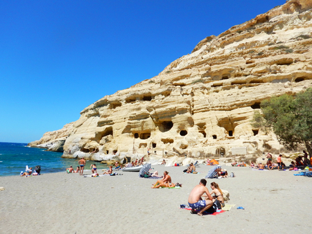 CRETE, GREECE CIRCA SEPTEMBER 2016: The artificial caves of Matala. They were built in Neolithic Age, used as tombs by Romans and as houses by hippies in '60 years.のeditorial素材