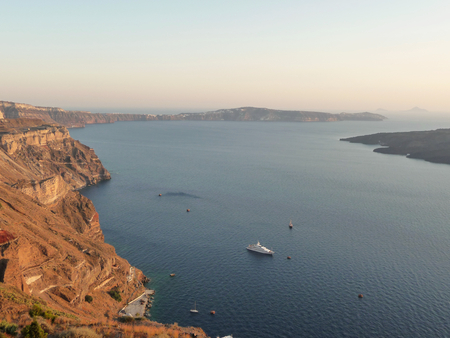 View of Santorini Caldera at sunset, Greeceの写真素材