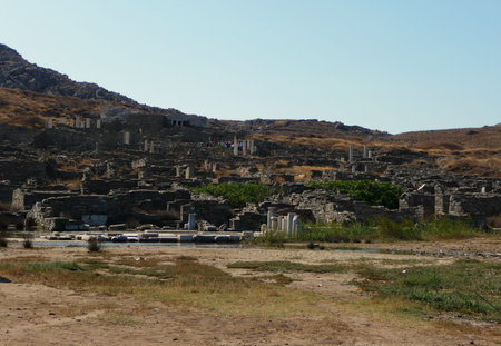 View of Delos island: the most big archaeological site of Cyclades archipelago. Greece.