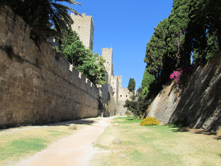 Medieval walls of Rhodes town in Dodecanese archipelago in Greeceのeditorial素材