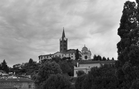 The historical center of Pinerolo town in Italy. Black and white.のeditorial素材