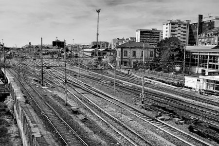 TURIN, ITALY, CIRCA SEPTEMBER 2017: many rails in Porta Nuova (New Door), the station of the city. HDR effect and black and white.のeditorial素材
