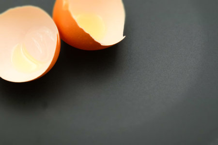 Egg shells on a black background with copy space. Tilt-shift effect applied.