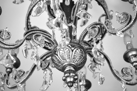 Crystal chandelier. Golden chandelier with glass pendants were on fashion forty years ago.の写真素材