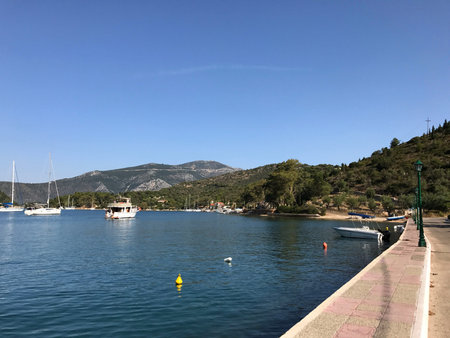 Boats in the gulf of Vathy or Ithaki town, the main town of Ithaka or Ithaca in Greece