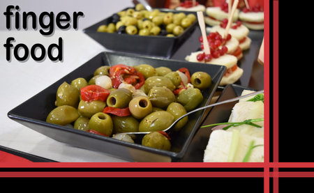 finger food buffet with green olives