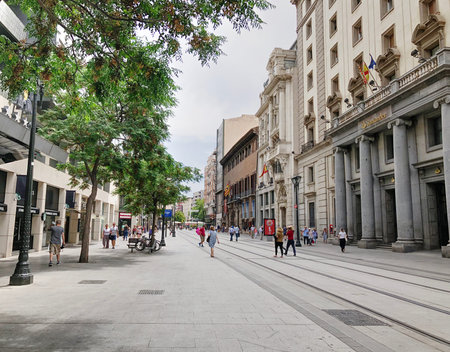 A modern boulevard of Zaragoza city center in Spain, in a sunny day with blue skyのeditorial素材