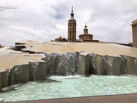 Fountain of Hispanicity in the Plaza of Our Lady of the Pillar in Zaragoza city center in Spainのeditorial素材