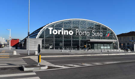 Porta Susa train station in Turin, Italy, in a sunny day with blue sky.のeditorial素材