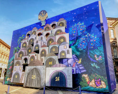A big colorful Advent Calendar in the city center of Turin, Italy at Christmas.のeditorial素材